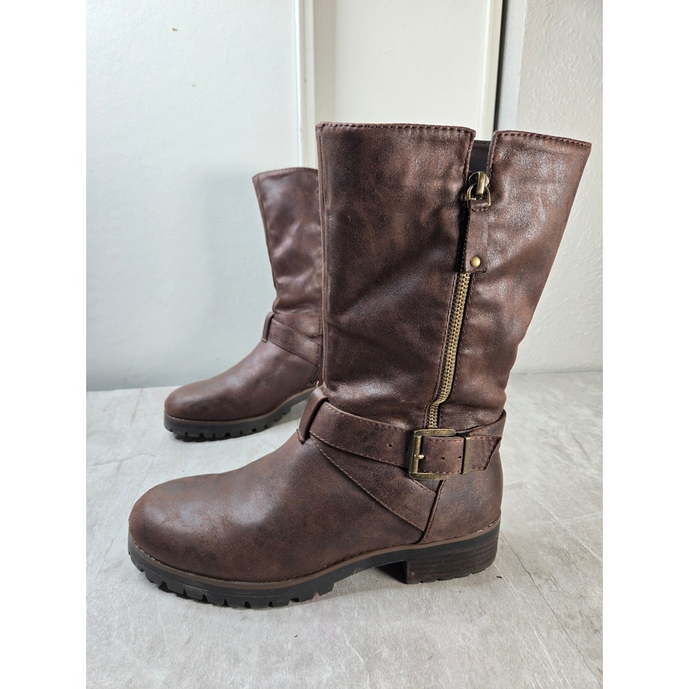 Crown Vintage Mid Calf Moto Boots 10 Brown Buckle Lug Sole Grunge Biker Combat